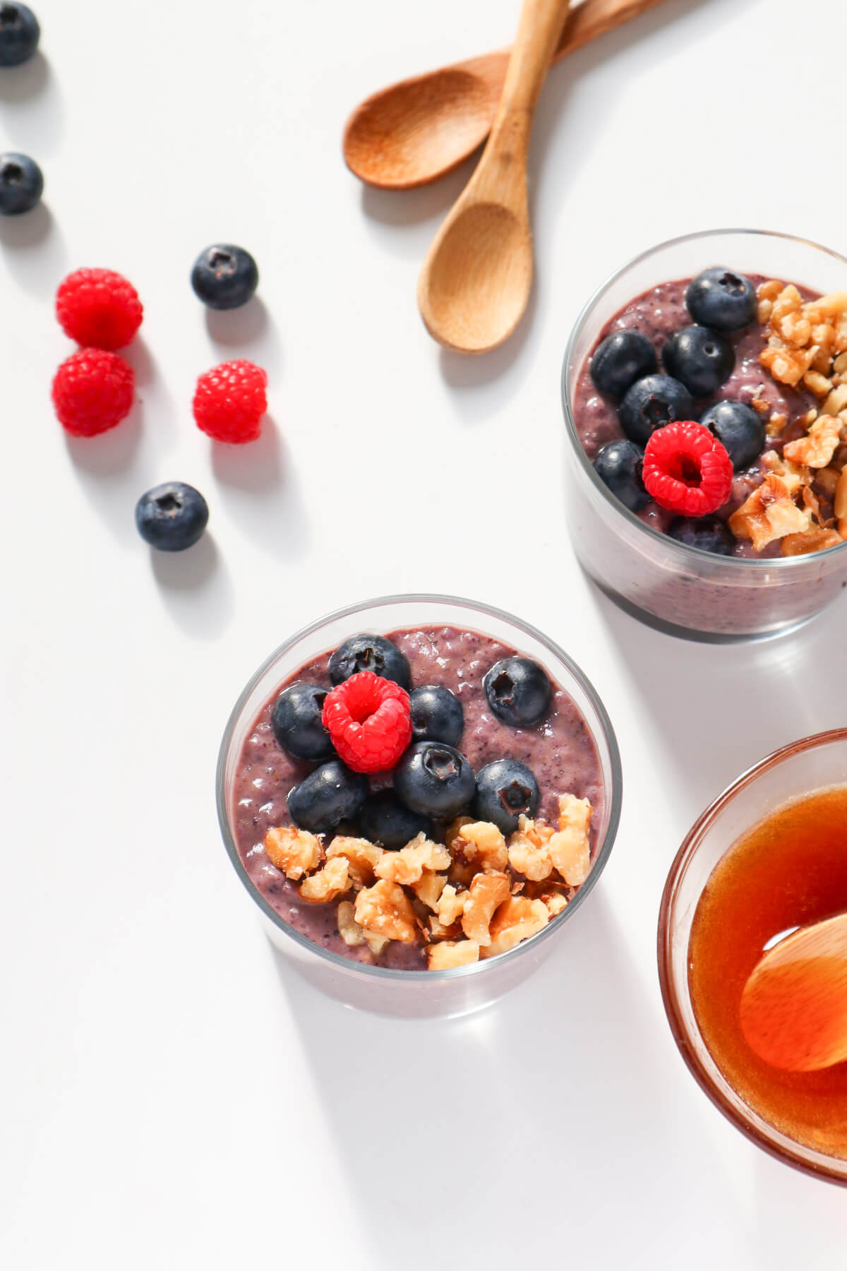 Top down view of two chia puddings. 