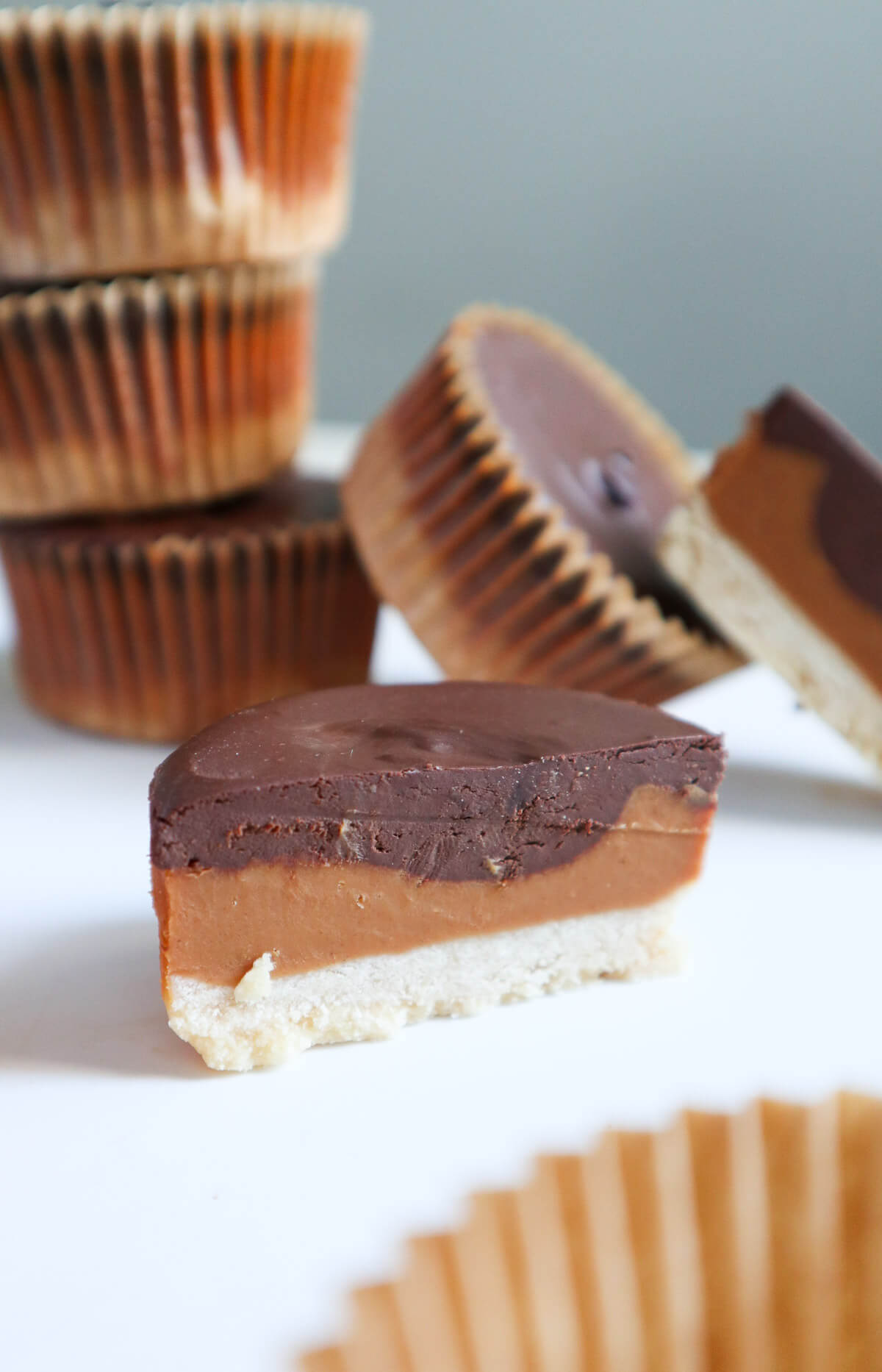 Halved vegan gluten free twix cup. 