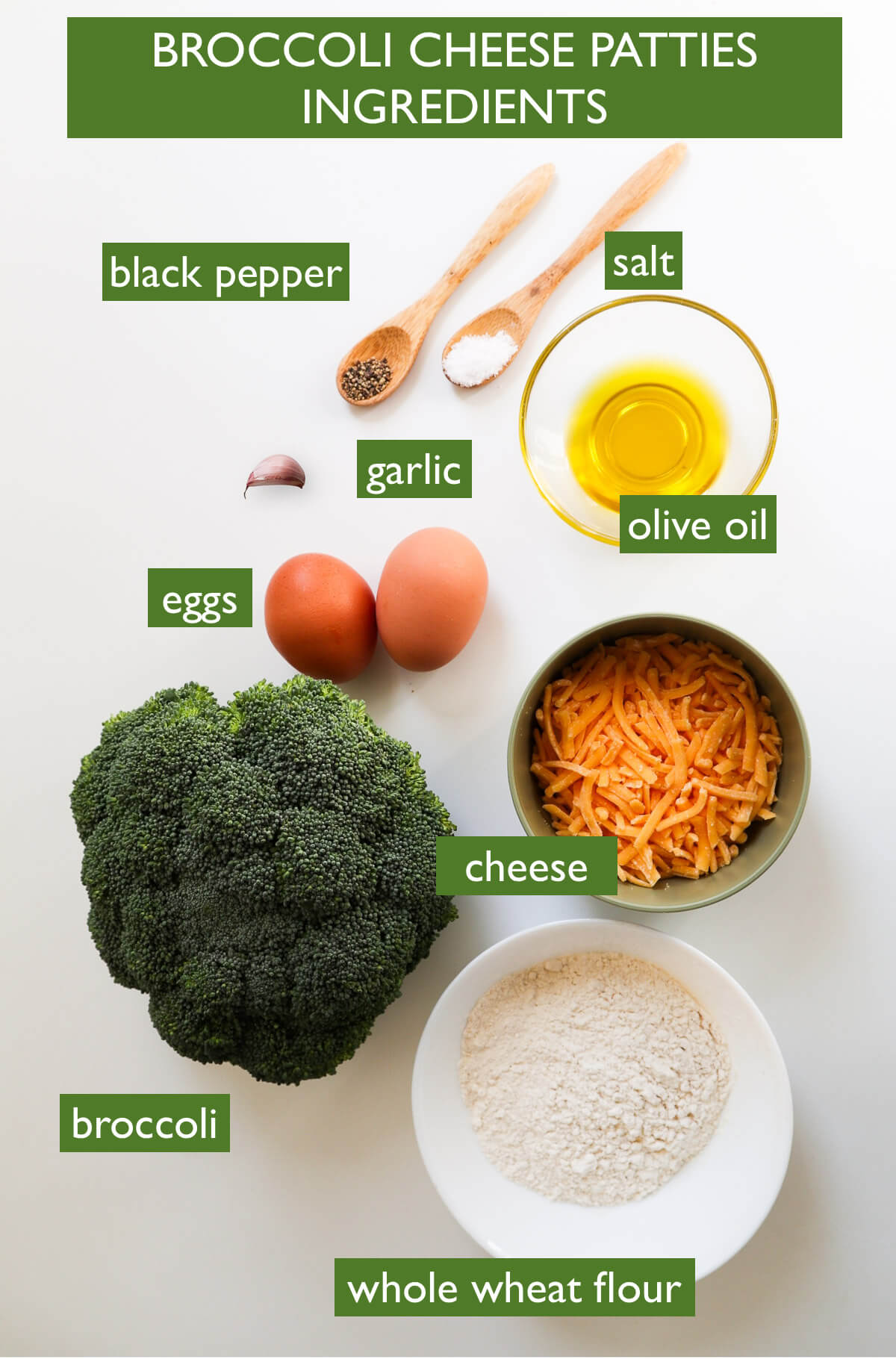 Labelled ingredients on white background