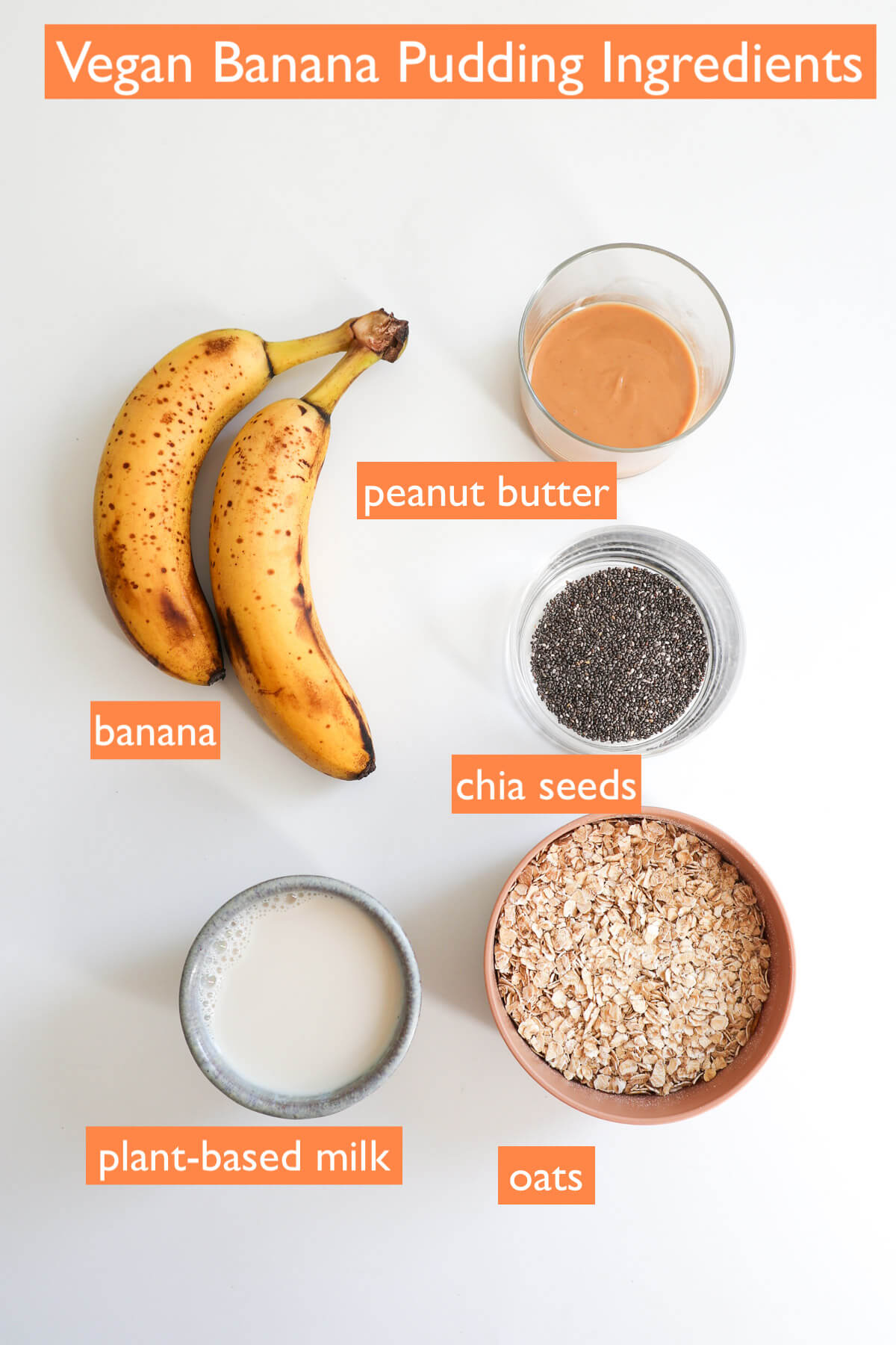 Labelled ingredients on a white background